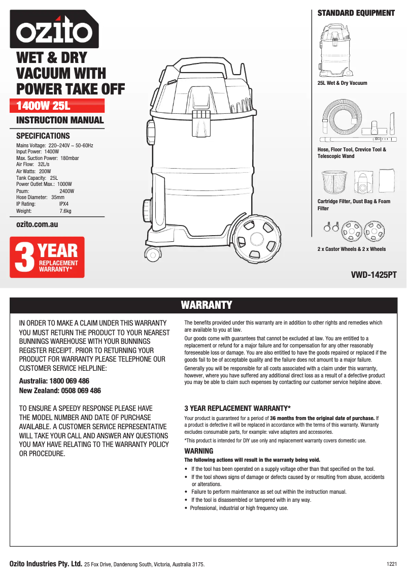 Page n°1 - Manuel utilisateur Ozito VWD-1425PT