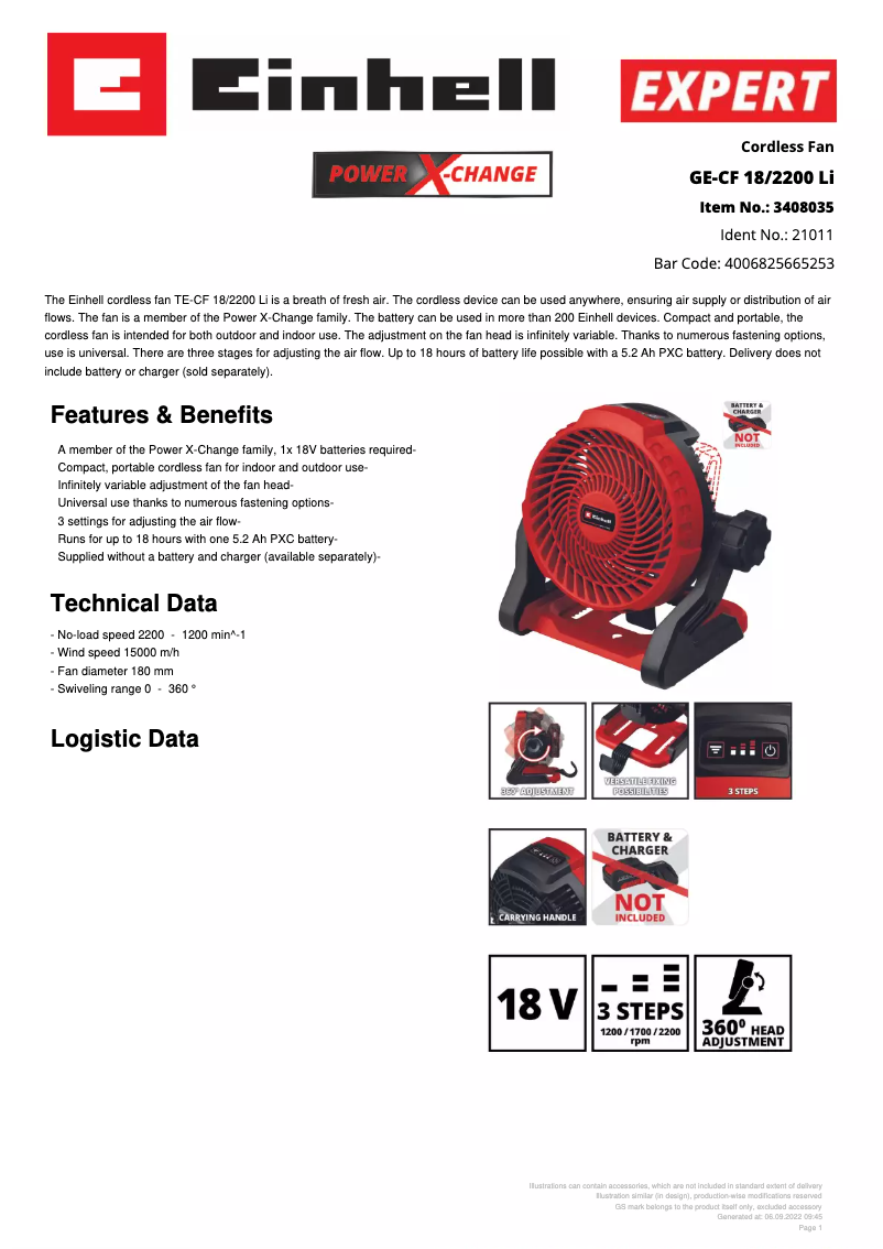 Page 1 de la notice Fiche technique Einhell GE-CF 18/2200 Li