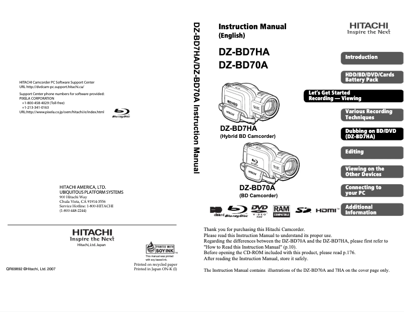 Image de la première page du manuel de l'appareil DZ-BD7HA