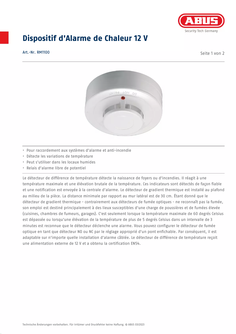 Page 1 de la notice Fiche technique Abus RM1100