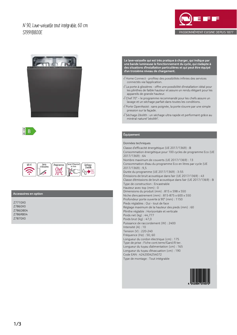 Page 1 de la notice Fiche technique Neff S199YB800E