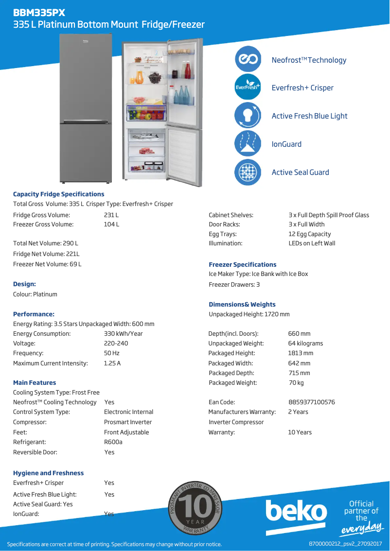 Page 1 de la notice Fiche technique Beko BBM335PX