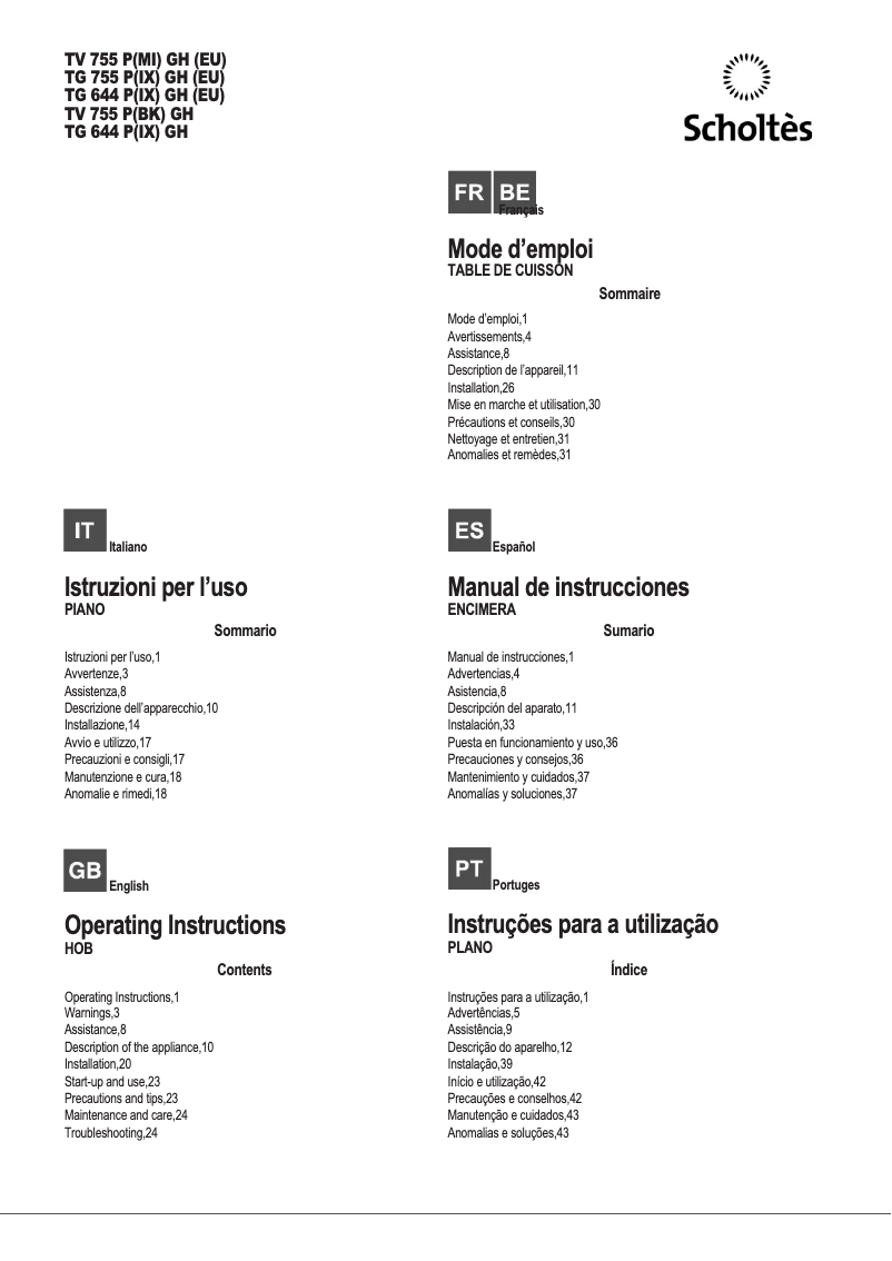 Page n°1 - Manuel utilisateur Scholtès TV 755 P(MI) GH (EU)
