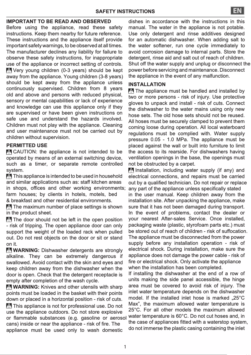 Page n°1 - Instructions / montage Hotpoint HSIE 2B19