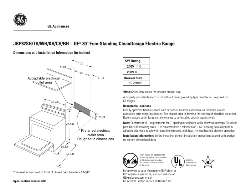 Imagen de la primera página del manual del dispositivo JBP82WHWW