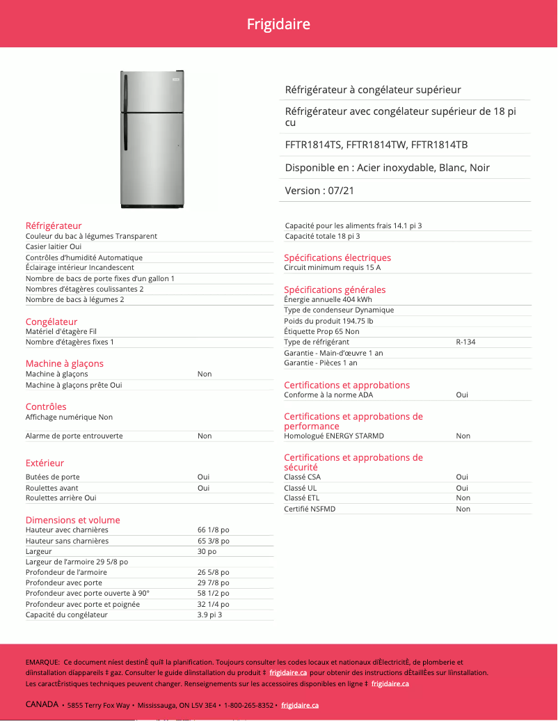 Page n°1 - Fiche technique Frigidaire FFTR1814TW
