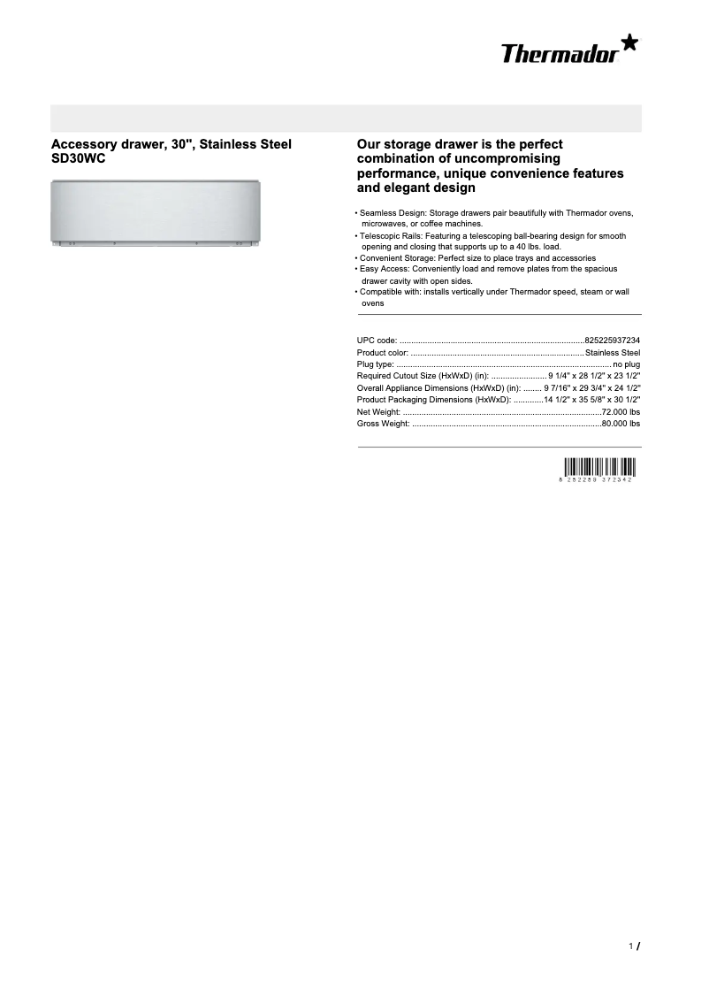 Page 1 de la notice Fiche technique Thermador SD30WC