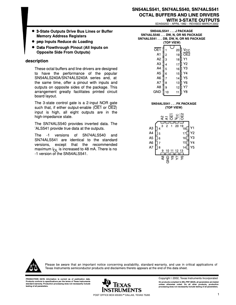 Page 1 de la notice Manuel utilisateur Texas Instruments SN74ALS541DWR