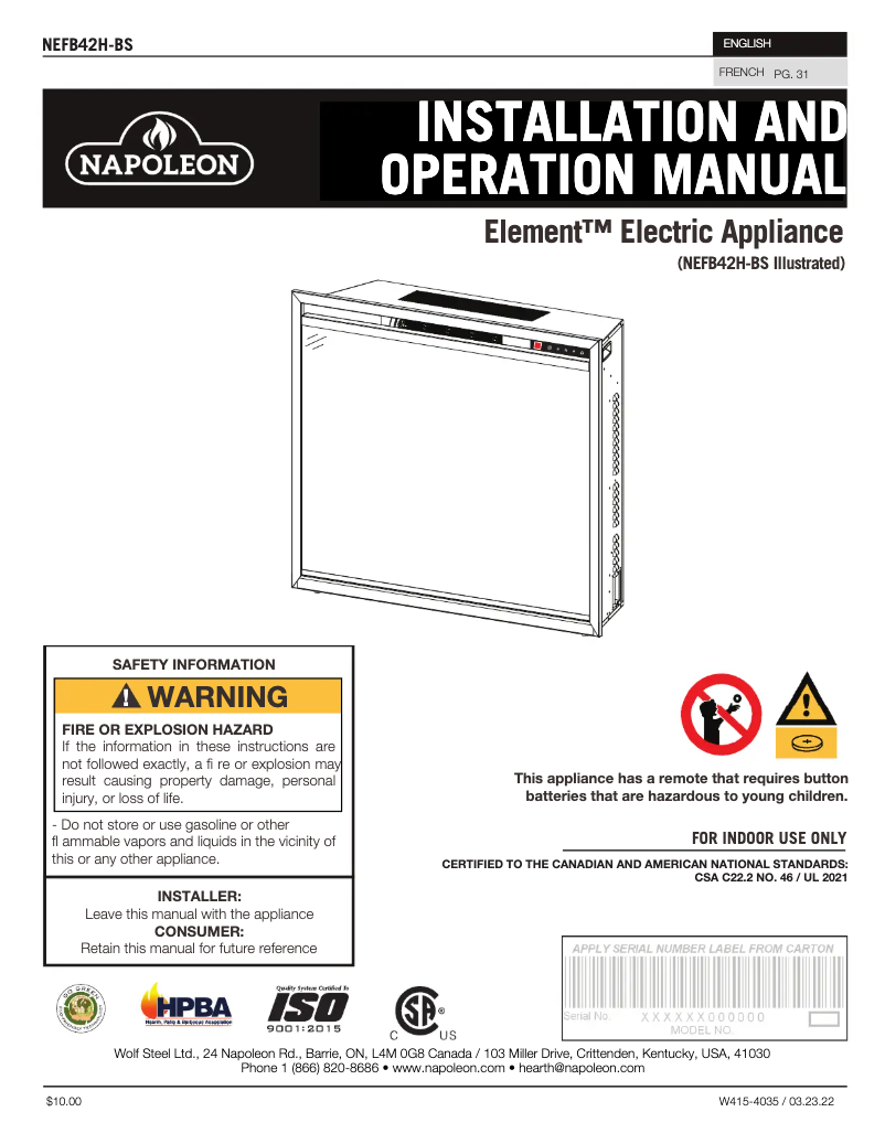 Page n°1 - Manuel utilisateur Napoleon Element 42