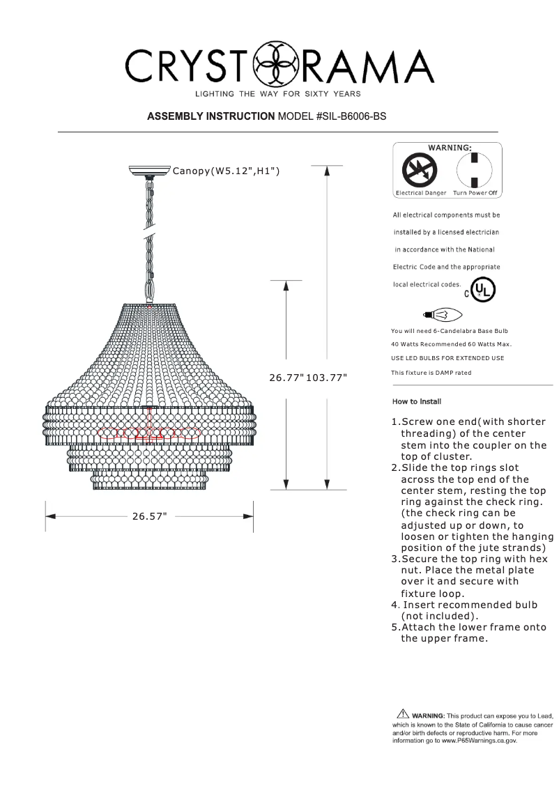 Page 1 de la notice Manuel utilisateur Crystorama Silas SIL-B6006-BS