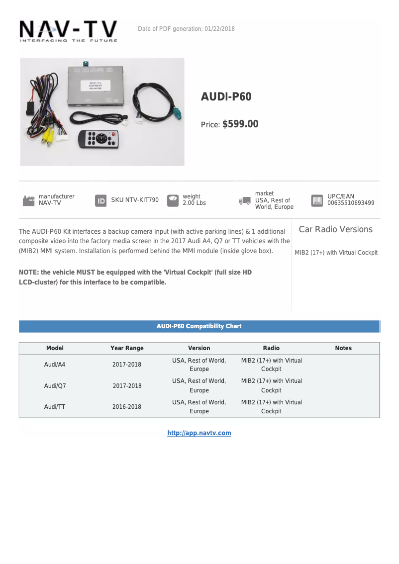Page 1 of the manual Technical Sheet NAV-TV NTV-KIT790