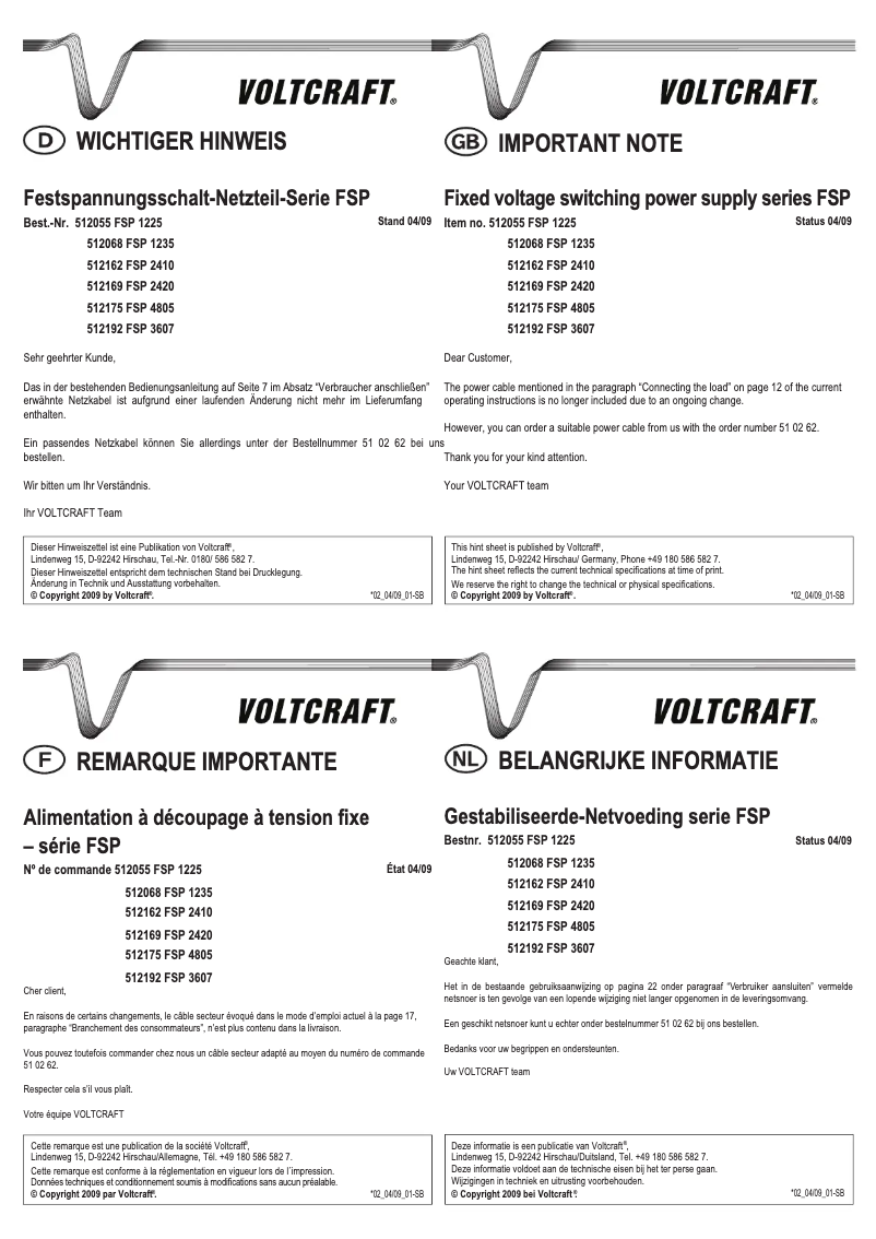 Page 1 de la notice Manuel utilisateur Voltcraft FSP 1225