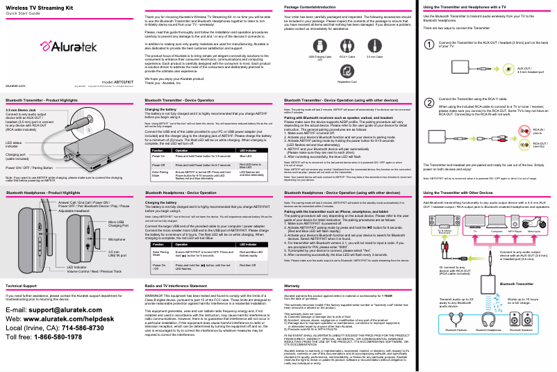 Image de la première page du manuel de l'appareil Bluetooth Wireless TV Streaming Kit