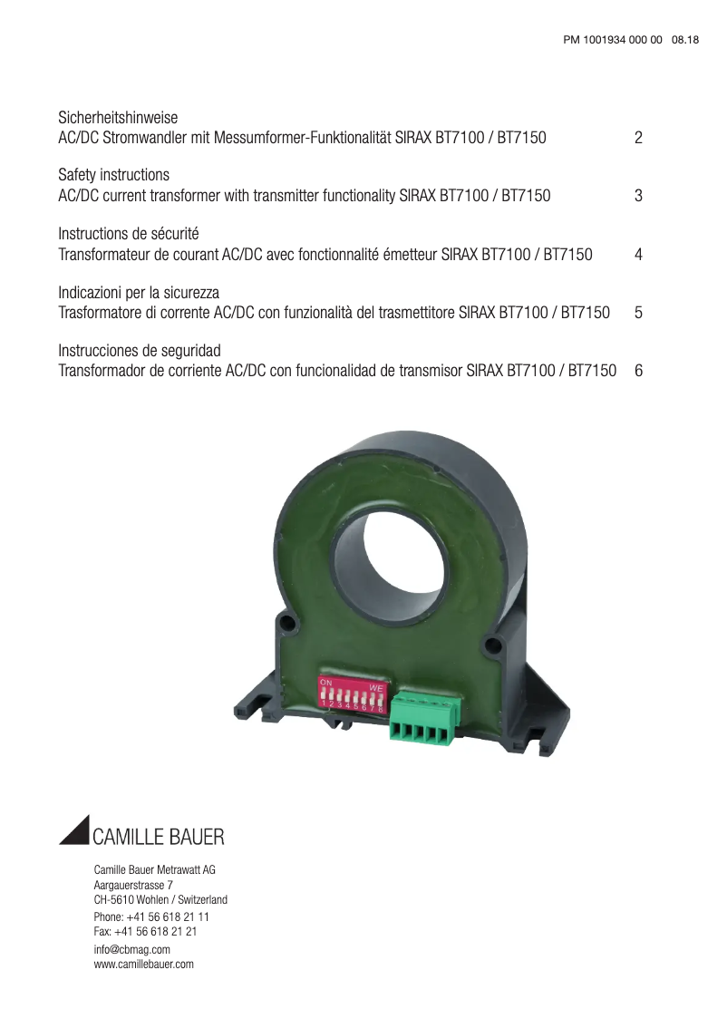 Page n°1 - Instructions de sécurité Camille Bauer SIRAX BT7100