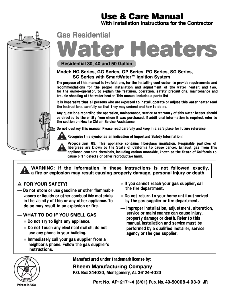 Image de la première page du manuel de l'appareil SmartWater PG40S9B