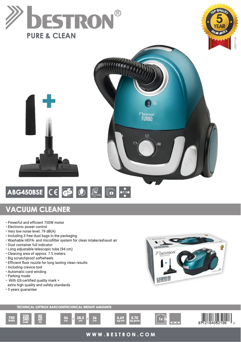 Página 1 del manual Ficha técnica Bestron Furbo Plus ABG450BSE