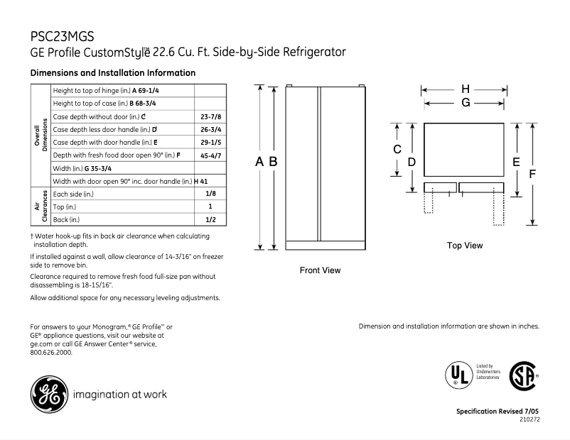 Page 1 de la notice Fiche technique GE Profile CustomStyle PSC23MGSWW
