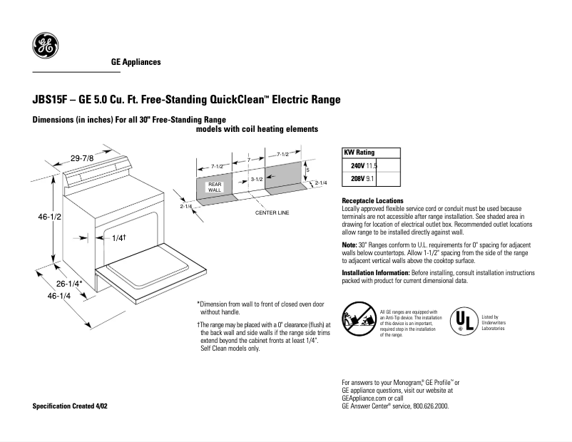 Page 1 of the manual Technical Sheet GE JBS15FCT