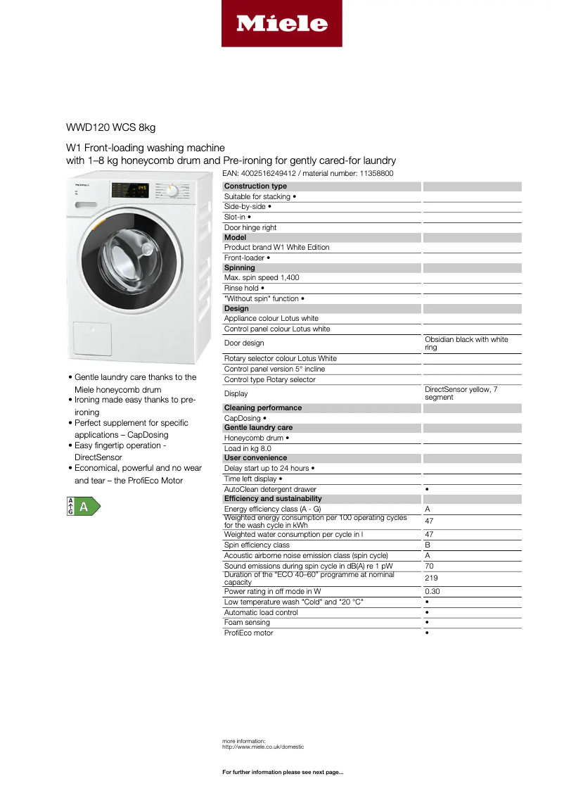 Página 1 del manual Ficha técnica Miele WWD 120 WCS 8kg