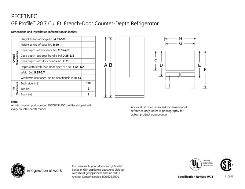 Page 1 de la notice Fiche technique GE Profile PFCF1NFCBB