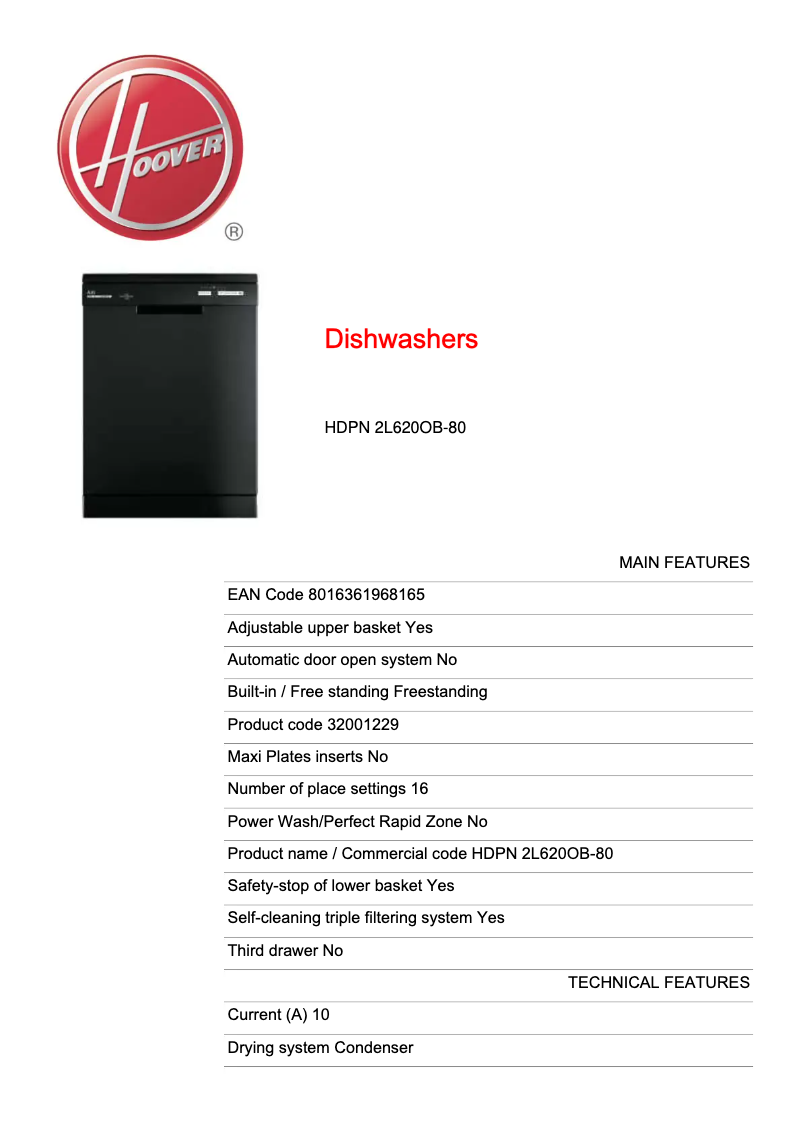 Page n°1 - Fiche technique Hoover HDPN 2L620OB-80