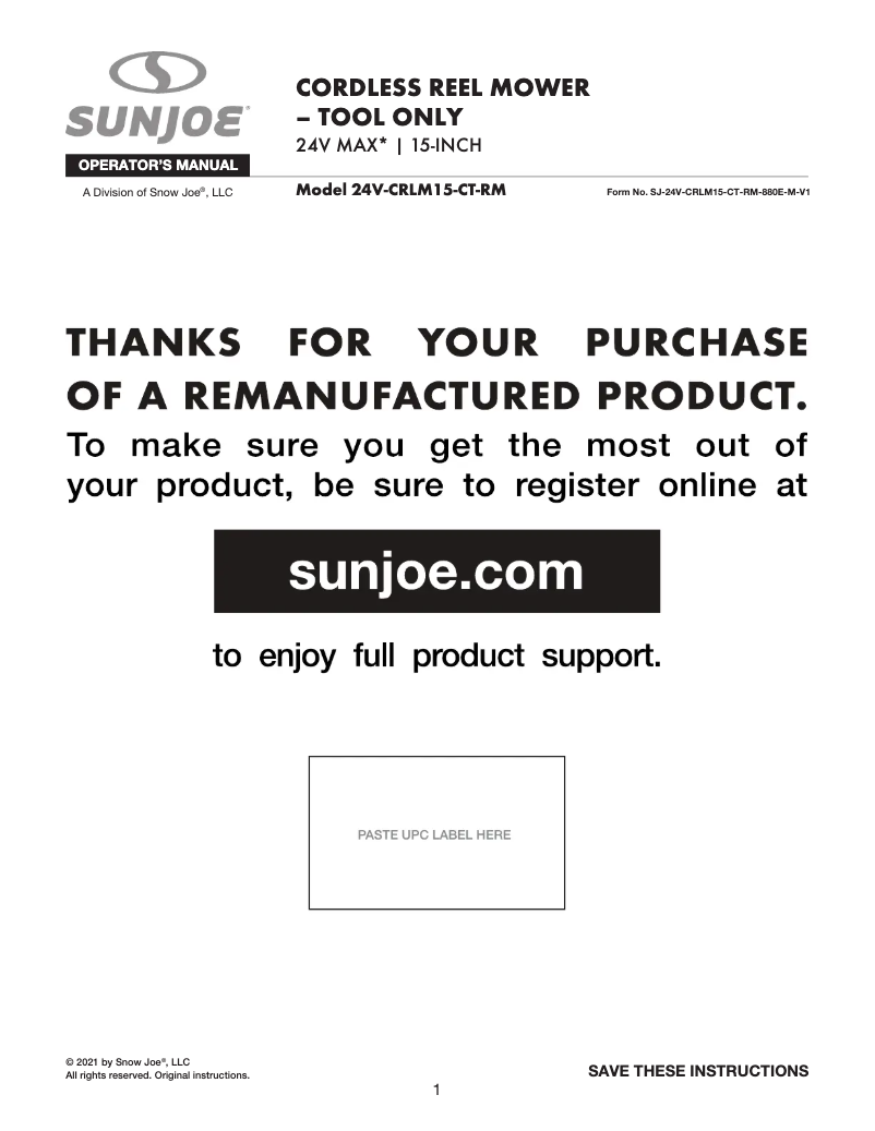 Page 1 de la notice Manuel utilisateur Sun Joe 24V-CRLM15-CT-RM