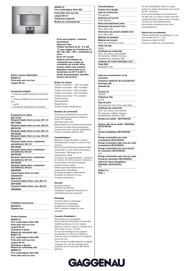 Page 1 de la notice Fiche technique Gaggenau BS455110