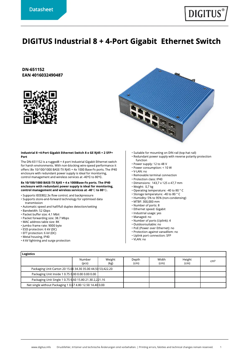 Page 1 de la notice Fiche technique Digitus DN-651152