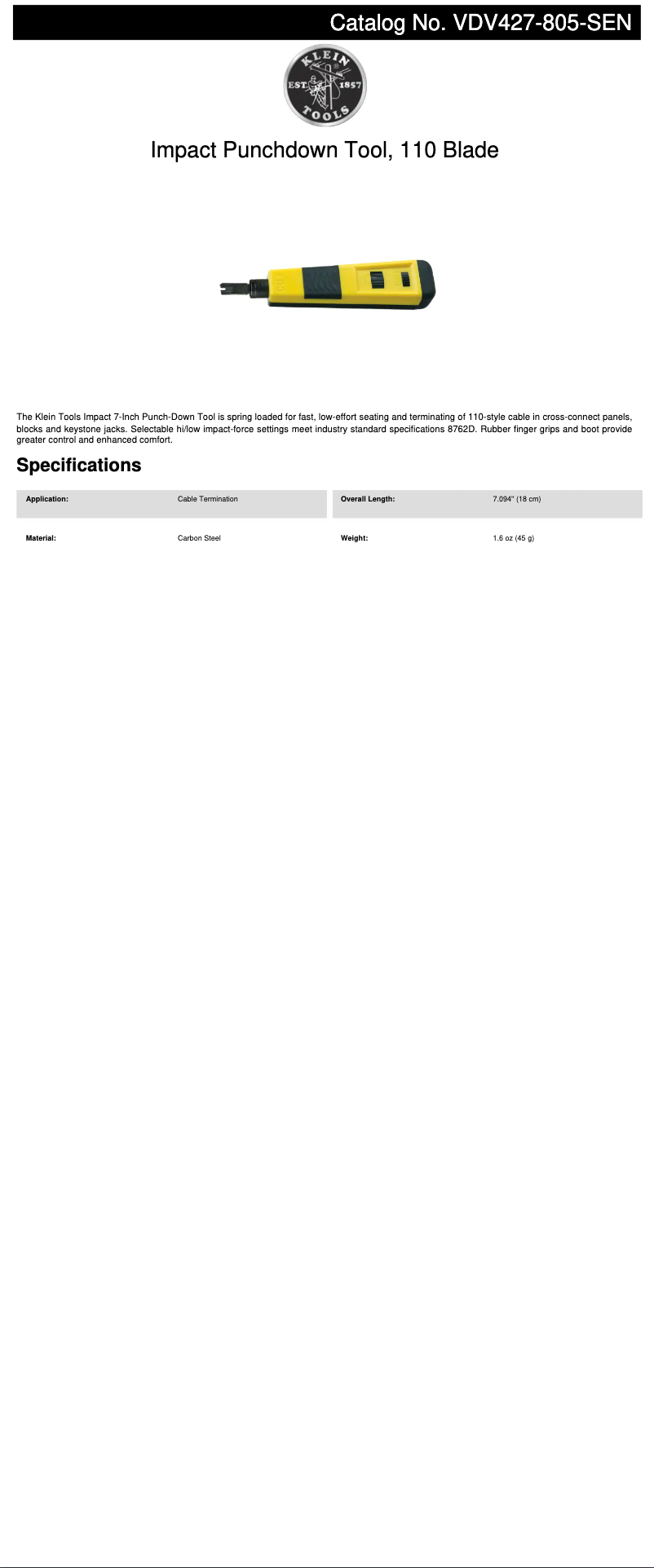 Page 1 de la notice Fiche technique Klein Tools VDV427-805