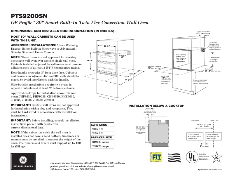 Page 1 de la notice Fiche technique GE Profile PTS9200SNSS