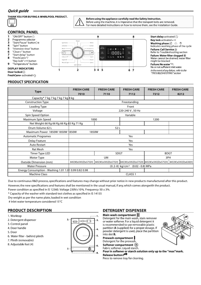 Page n°1 - Manuel utilisateur Whirlpool Fresh Care 8212