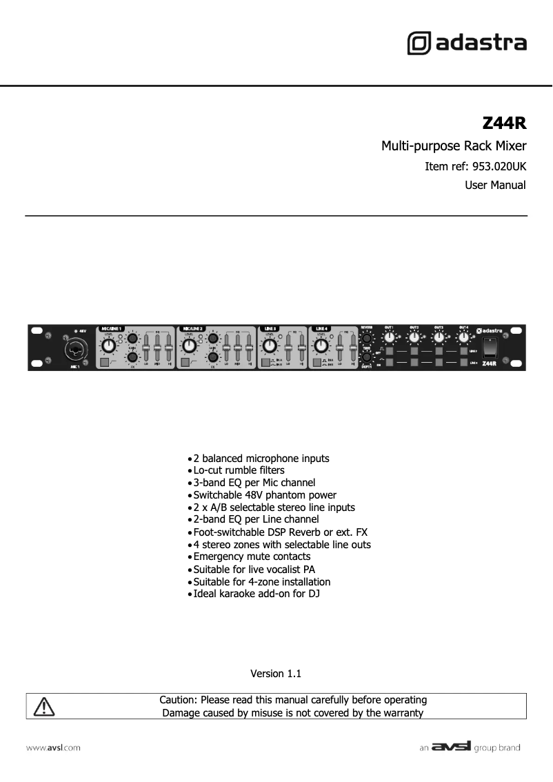 Page 1 de la notice Manuel utilisateur Adastra Z44R