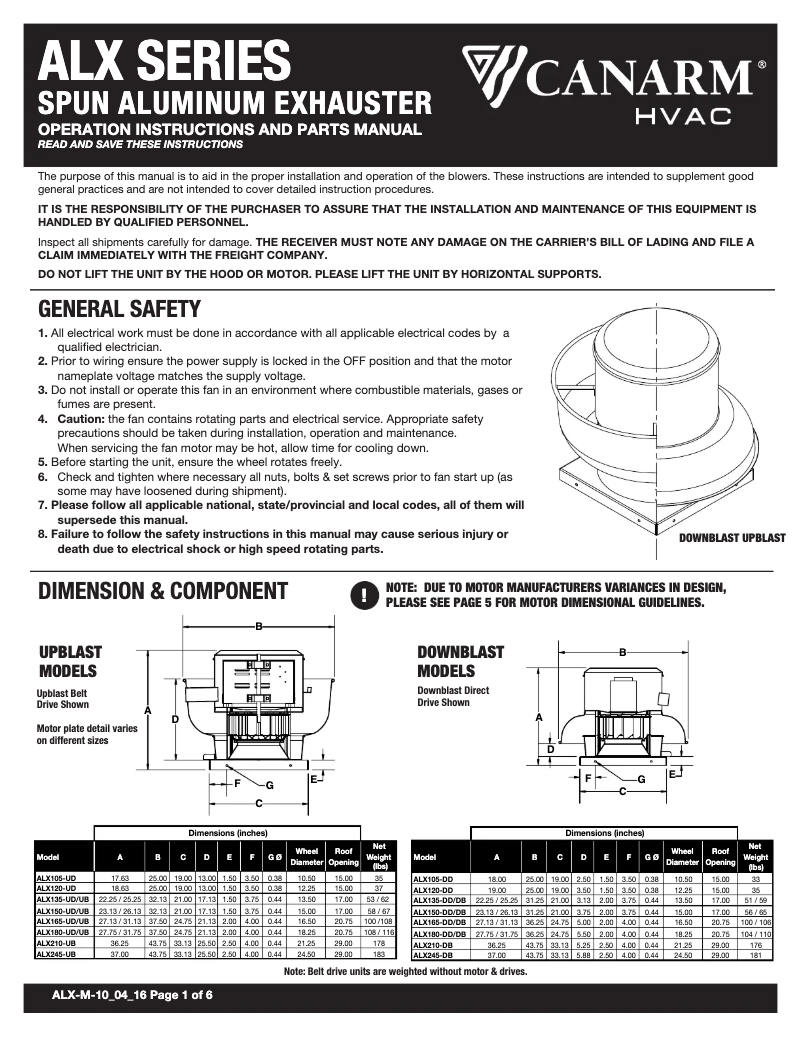 Page 1 de la notice Manuel utilisateur Canarm ALX180-UD100EC