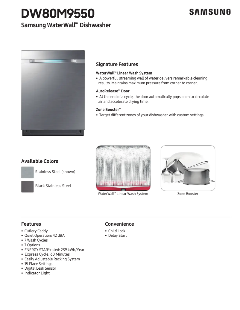 Page 1 de la notice Fiche technique Samsung DW80M9550U