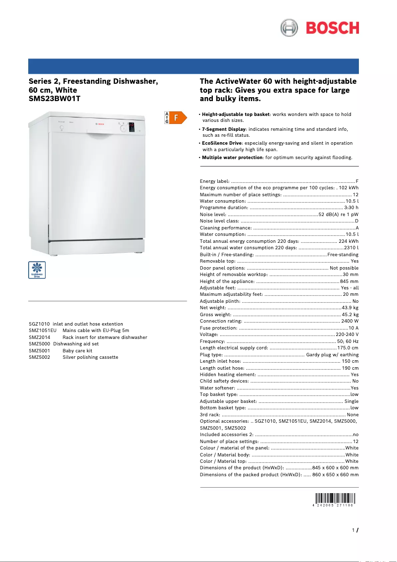 Page n°1 - Fiche technique Bosch SMS23BW01T