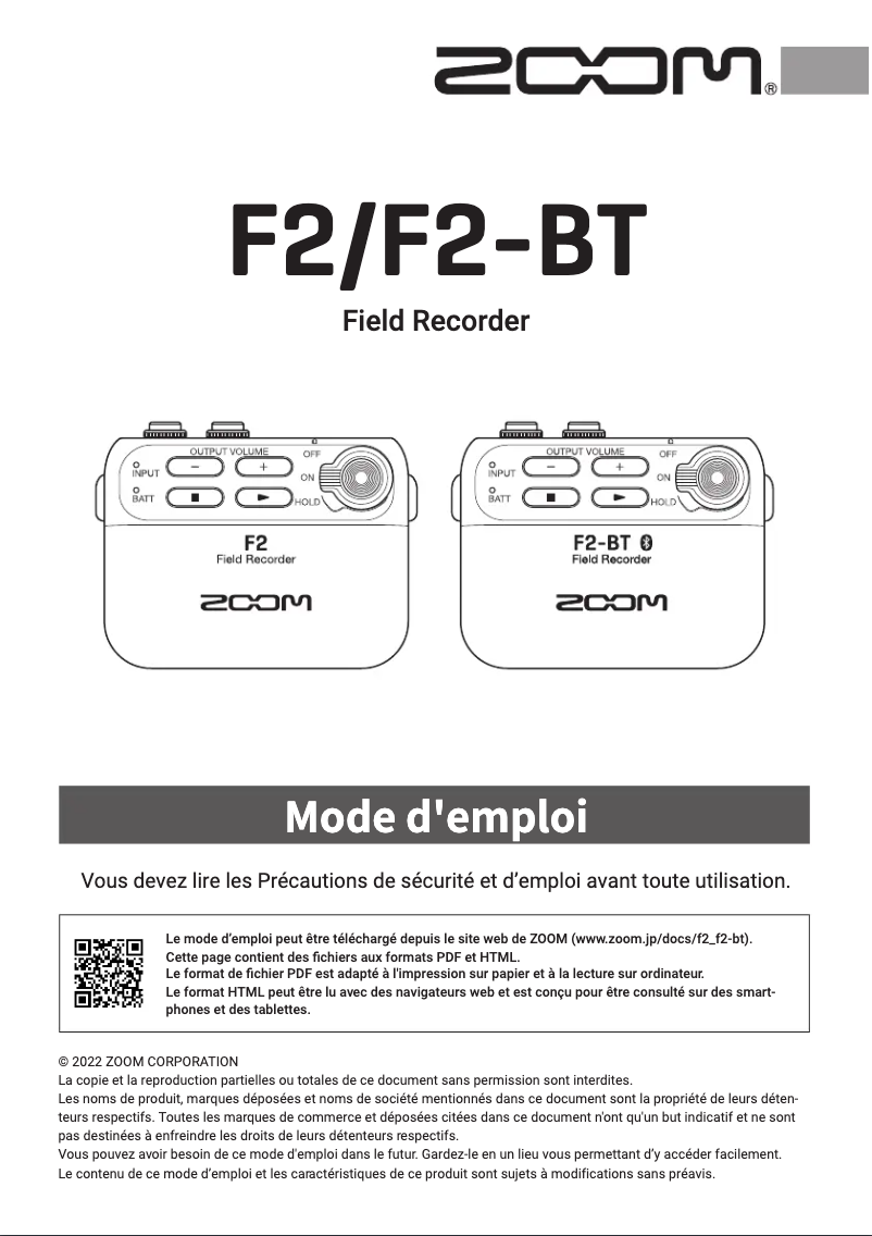 Page n°1 - Manuel utilisateur Zoom F2