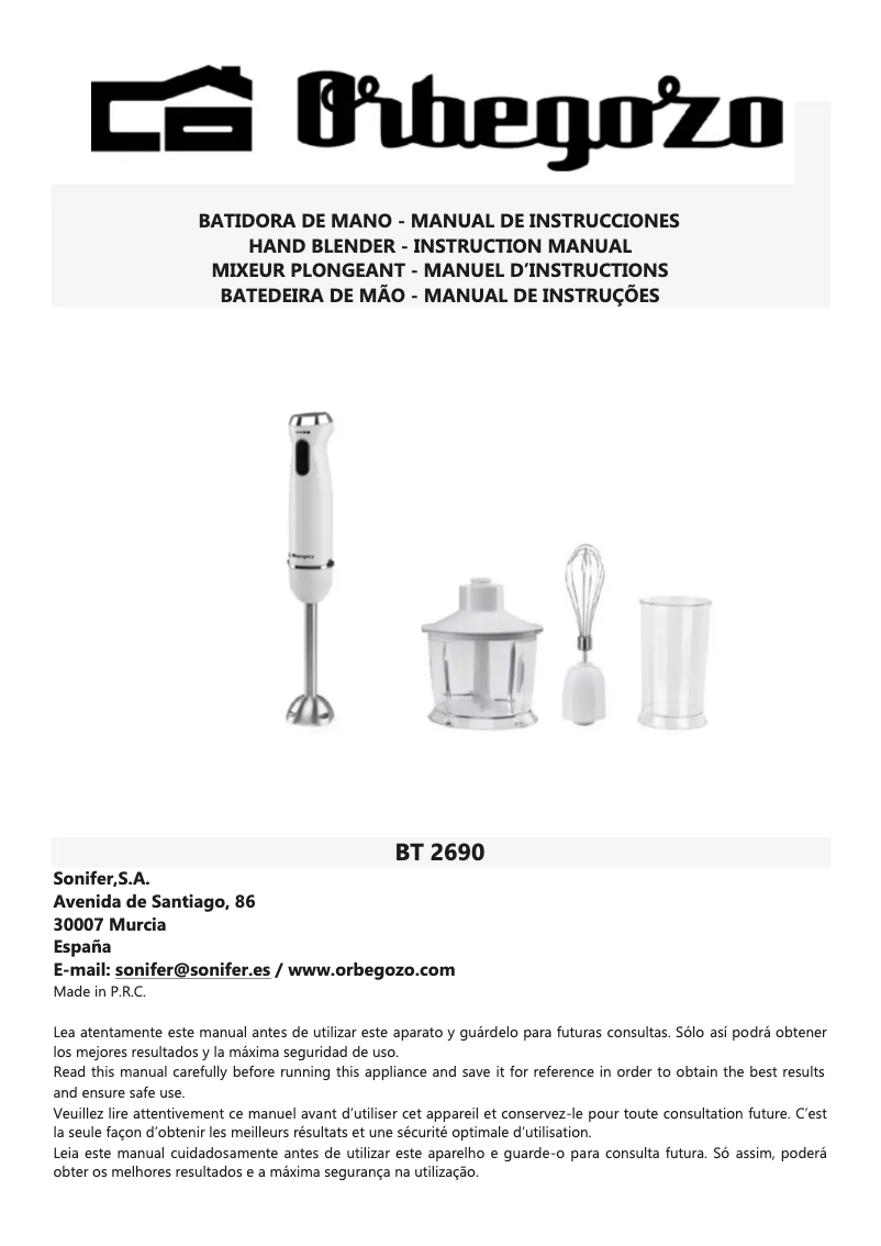 Page 1 de la notice Manuel utilisateur Orbegozo BT 2690