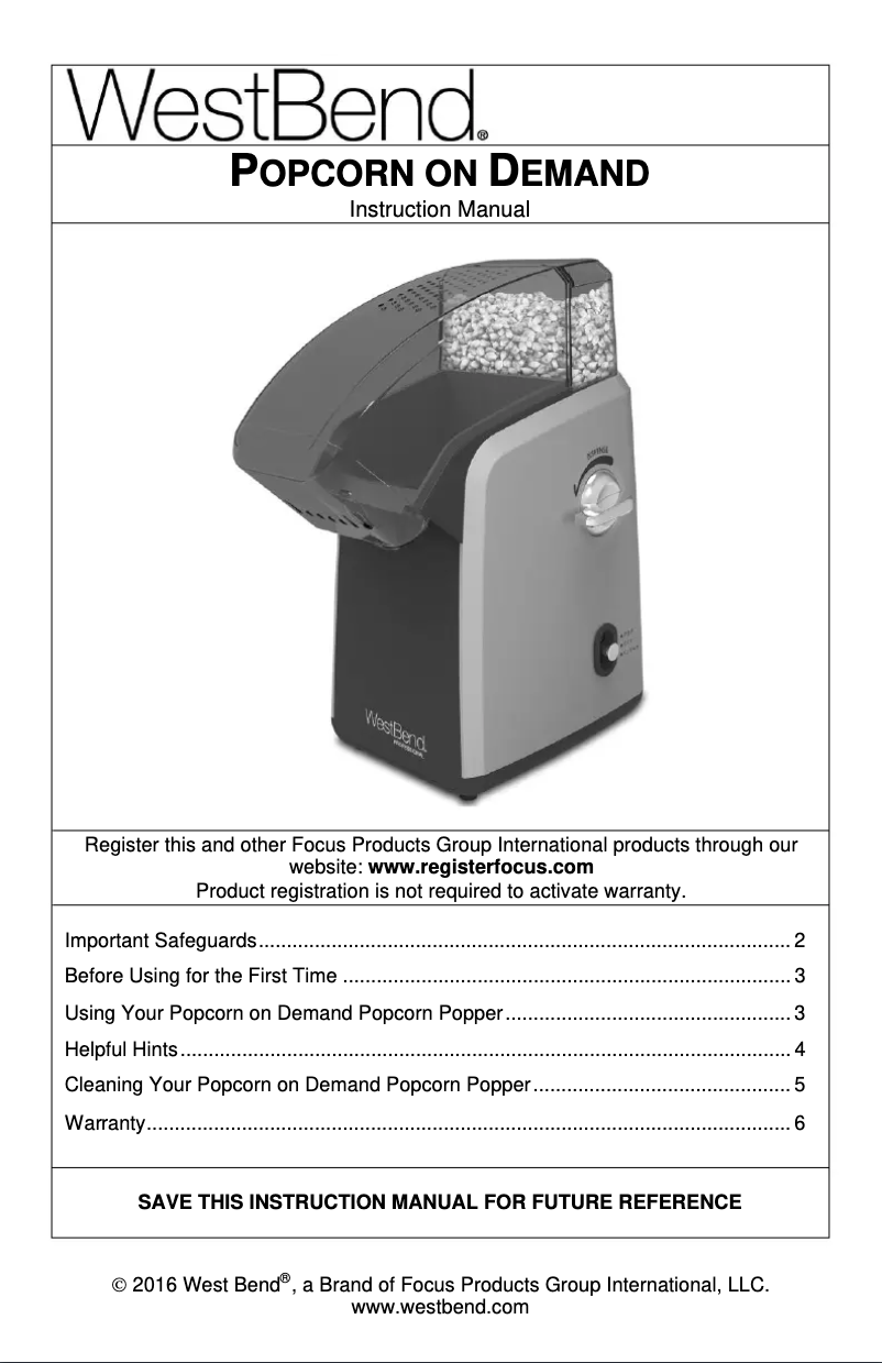 Page n°1 - Manuel utilisateur WestBend Popcorn on Demand 82701