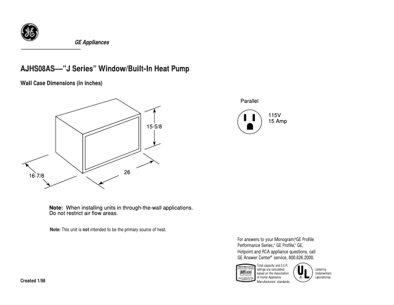 Page 1 de la notice Fiche technique GE AJHS08AS