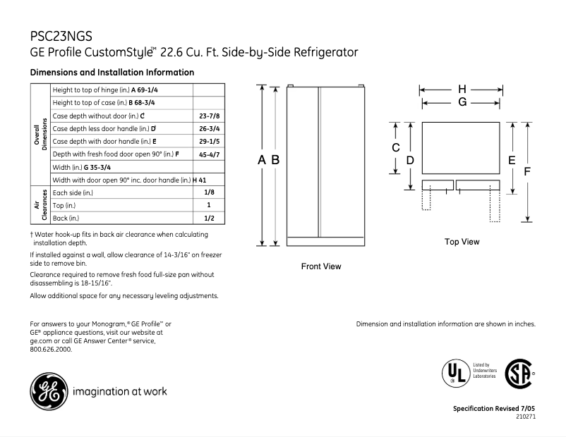 Página 1 del manual Ficha técnica GE Profile CustomStyle PSC23NGSBB