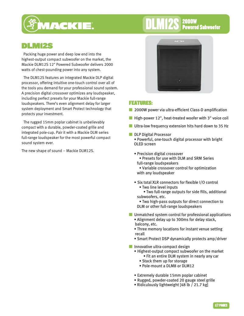 Page 1 of the manual Technical Sheet Mackie DLM12S