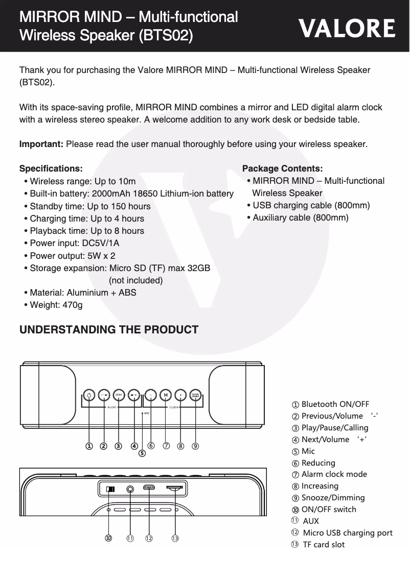 Page 1 de la notice Manuel utilisateur Valore BTS02