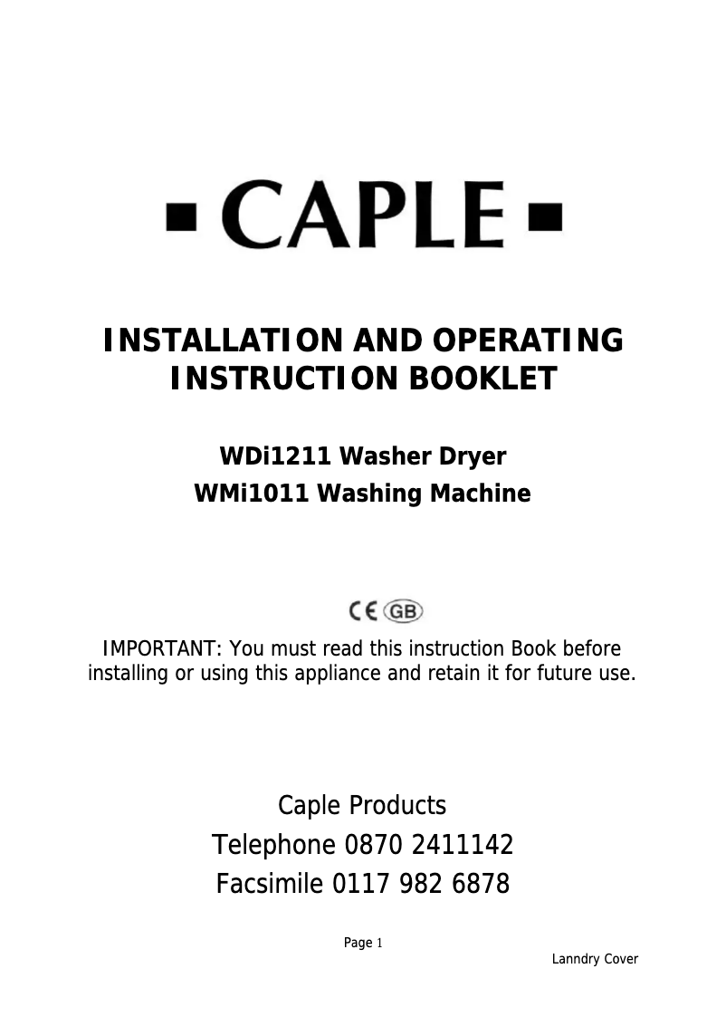 Page n°1 - Manuel utilisateur Caple WMi1011