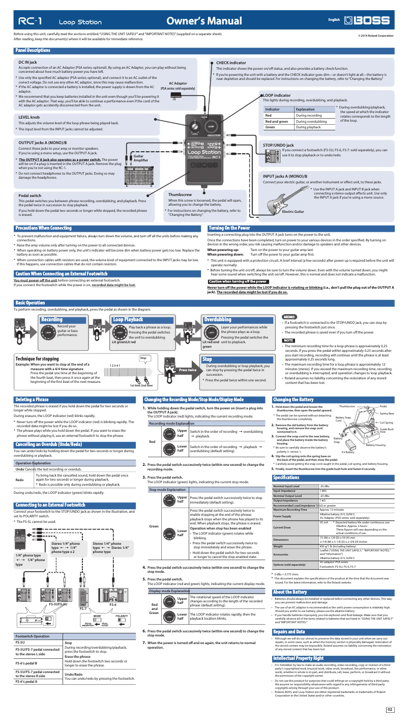 Page n°1 - Manuel utilisateur Boss RC-1