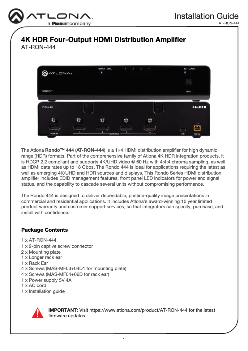 Page n°1 - Guide d'installation Atlona AT-RON-444