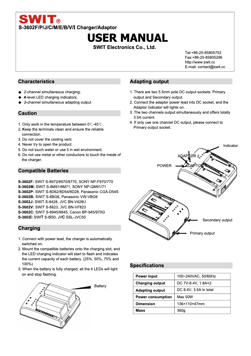 Image de la première page du manuel de l'appareil SWIT AA-S3602V
