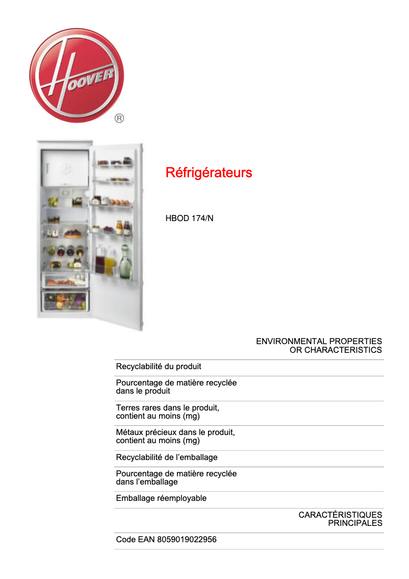 Page n°1 - Fiche technique Hoover HBOD 174/N
