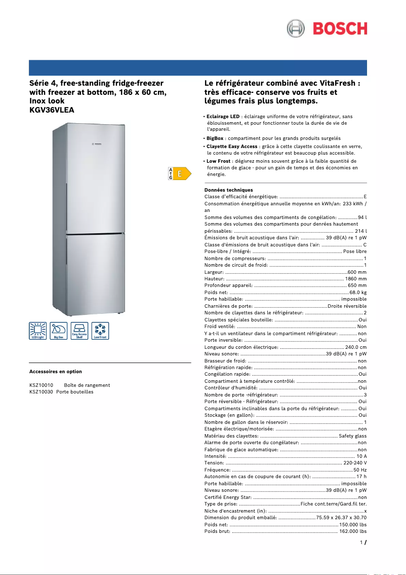 Page n°1 - Fiche technique Bosch KGV36VLEA