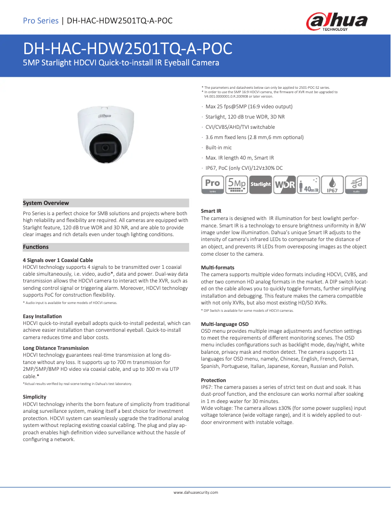 Page n°1 - Fiche technique Dahua Technology HAC-HDW2501TQ-A-POC