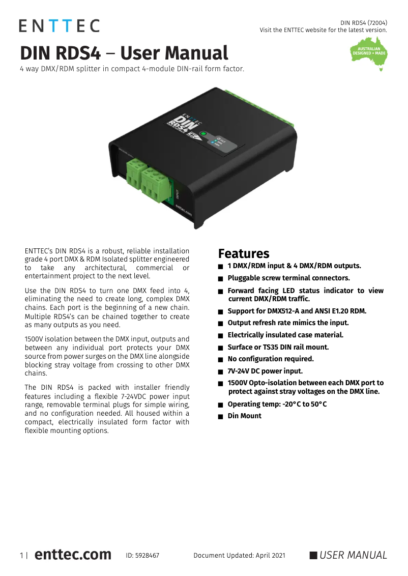 Page 1 de la notice Manuel utilisateur Enttec DIN RDS4